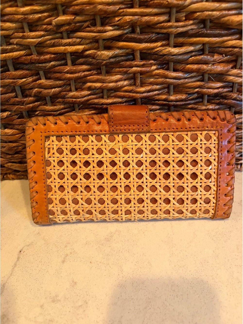 Leather Rattan Cane Woven Wallet Tan Brown Whipstitch Boho Long Bifold